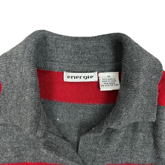 Vtg 90s Striped Henley Knit Collared Red Gray Preppy Grunge Sz M - Picture 3 of 3